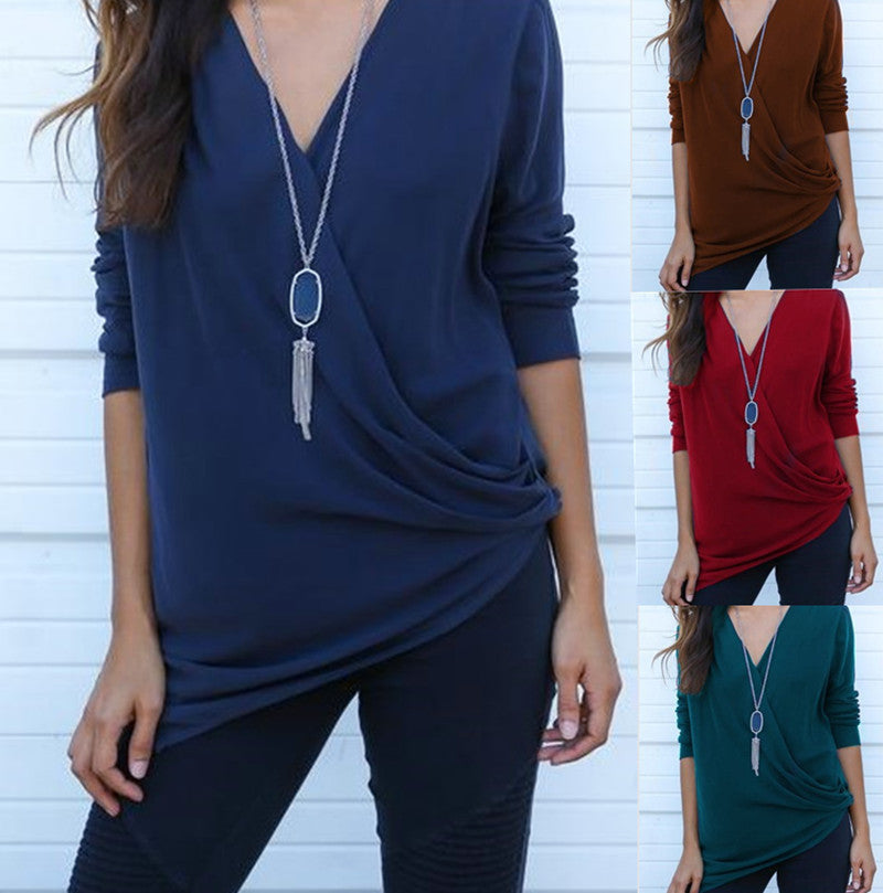 V-neck Long Sleeves Cross Wrap Pure Color Casual Blouse