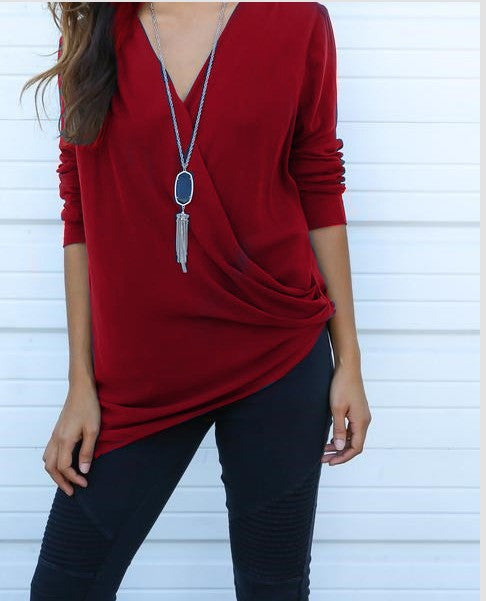 V-neck Long Sleeves Cross Wrap Pure Color Casual Blouse