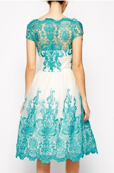 Short Sleeves Hollow Knee-length Lace Party Dress