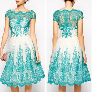 Short Sleeves Hollow Knee-length Lace Party Dress