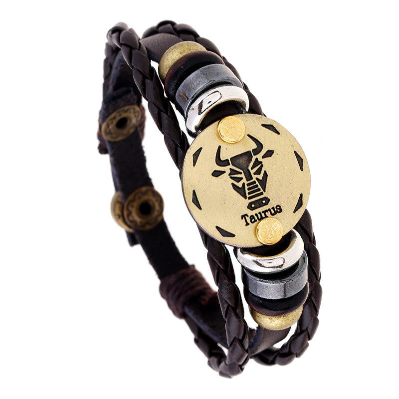 12 Constellation Woven Leather Snap Bracelet