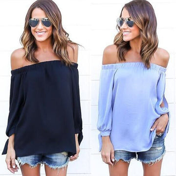 Off-shoulder Split Casual Pure Color Long Sleeves Blouse - Meet Yours Fashion - 2