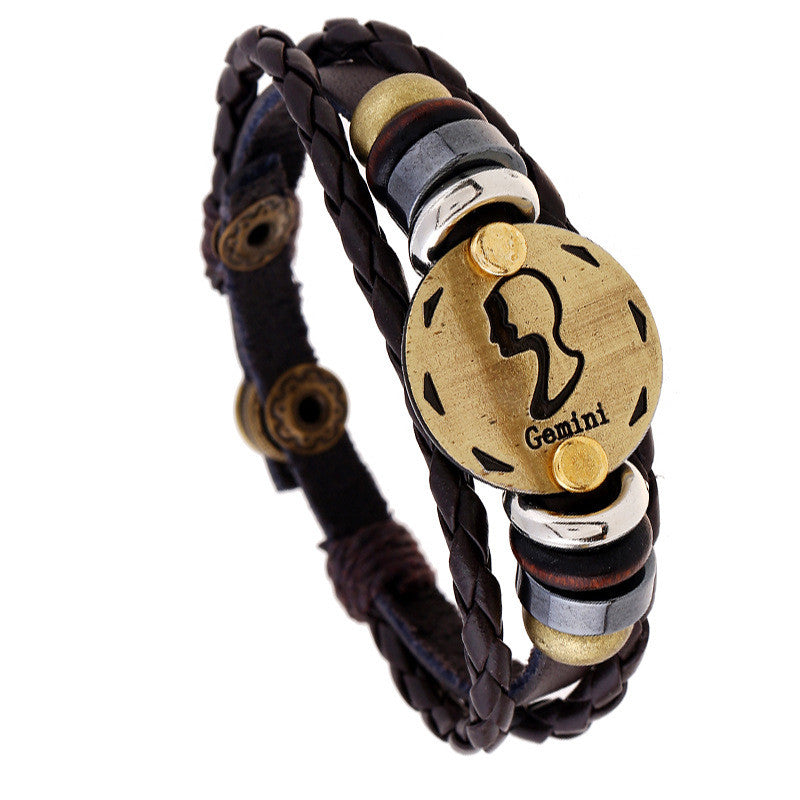 12 Constellation Woven Leather Snap Bracelet