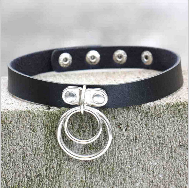 Hip-Hop Metal Ring Leather Collar Necklace