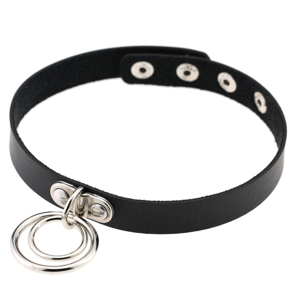 Hip-Hop Metal Ring Leather Collar Necklace