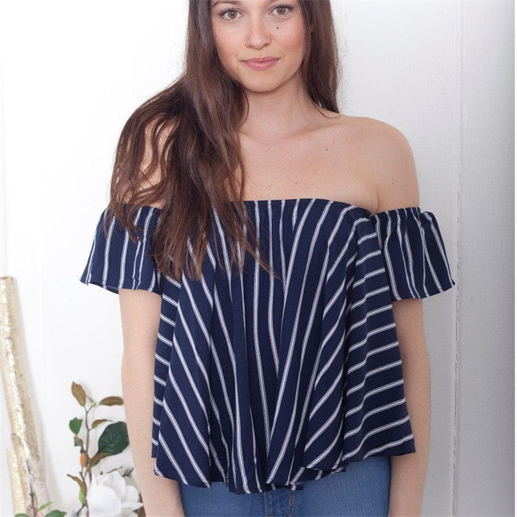 Sexy Stripe Off-Shoulder Short Sleeve Loose T-shirt