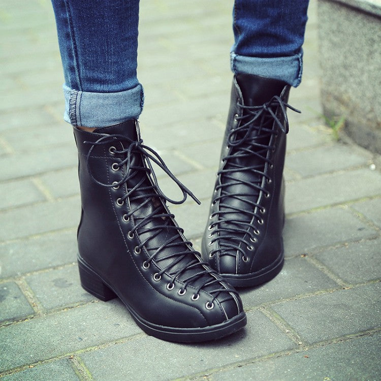 European Lace Up Round Toe Low Chunky Heels Short Boots