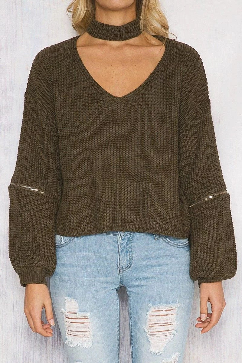 Sexy Halter Hollow Out Zipper Sleeve Sweater