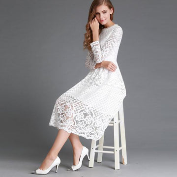 Pure Color Long Sleeves Lace Tee-length Party Dress