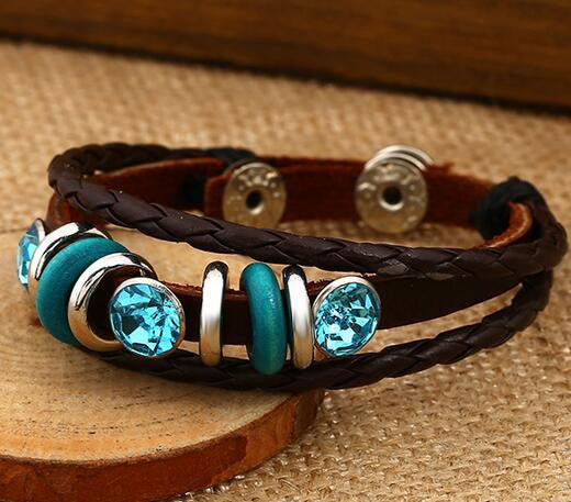 Personality Manually Crystal Woven Leather Bracelet
