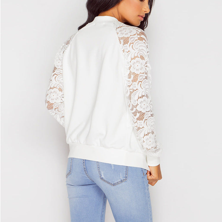 Long Sleeves Pure Color Lace Patchwork Round Collar Slim Jacket