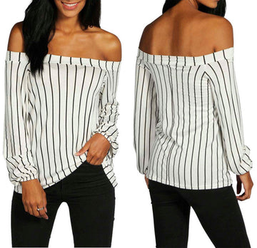 Sexy Off Shoulder Long Sleeve Stripe White Blouse