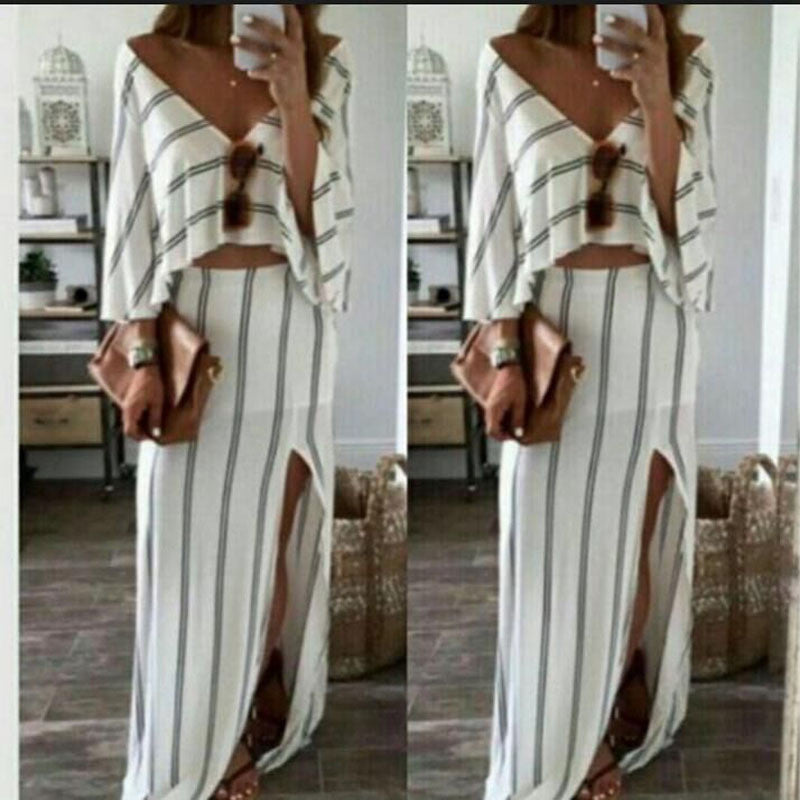 Deep V-neck Striped Loose Top with Split Irregular Skirt Two Pieces Dress