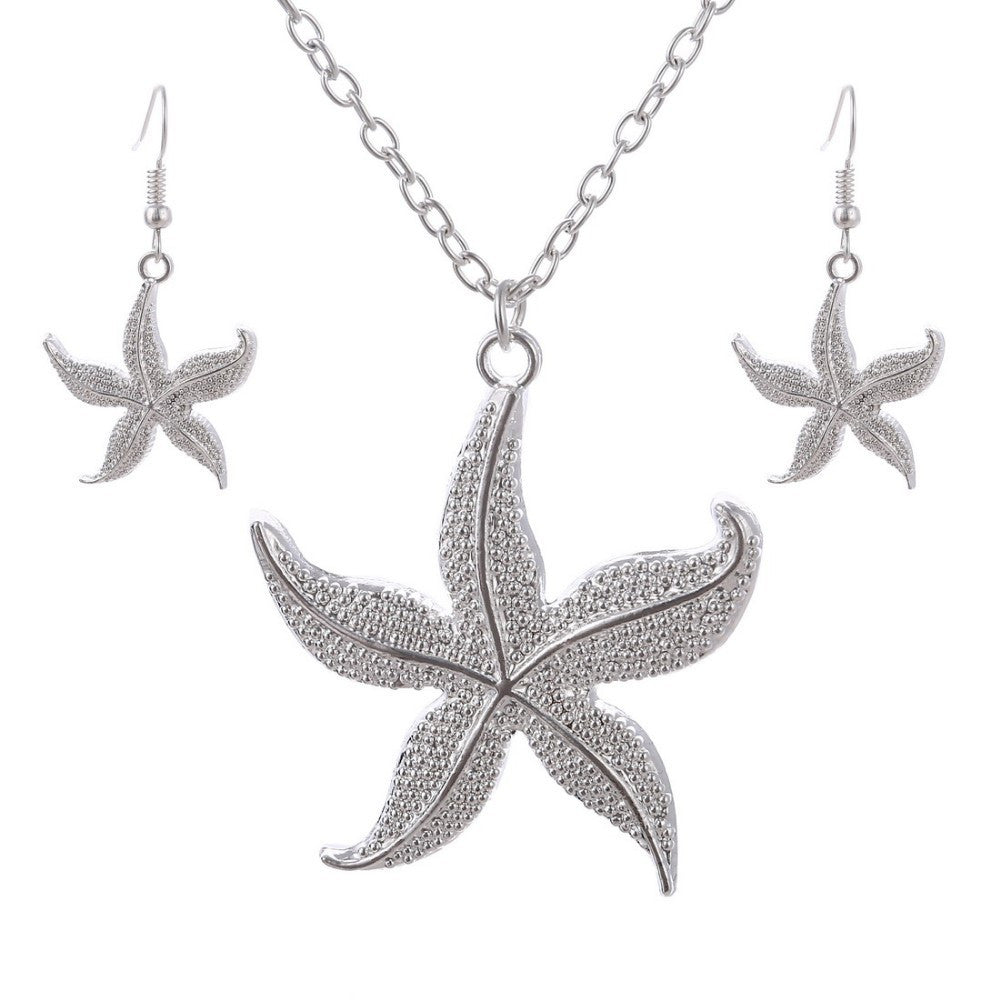 2016 European Fashion Personality Female Necklace and Earrings Silver Starfish Package 