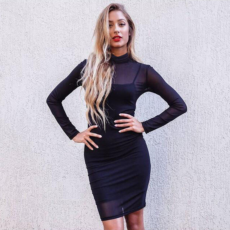 Black Transparency Lined Long Sleeve Bodycon Short Two Pieces Dress