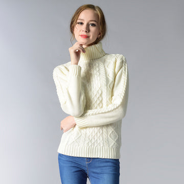 Casual High-Neck Braid Knitting Slim Sweater