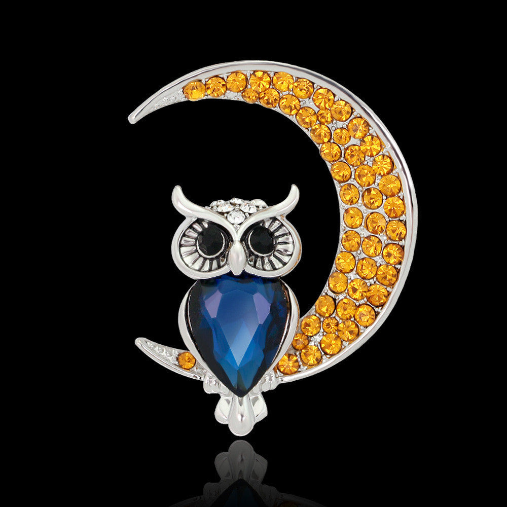 Beautiful Owl Moon Diamond Brooch