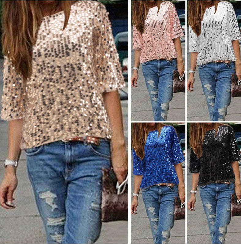 Sexy Sequins 1/2 Sleeve Scoop Loose T-shirt