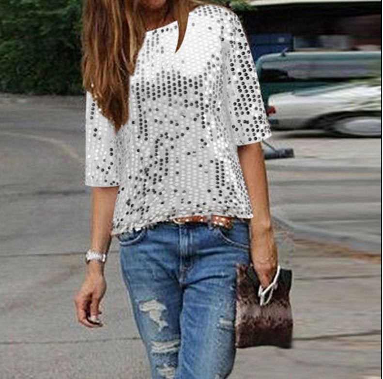 Sexy Sequins 1/2 Sleeve Scoop Loose T-shirt