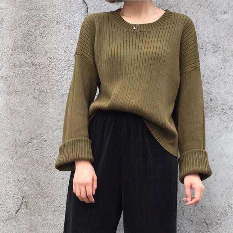 Retro Loose Ribbed Knit Bell Long-Sleeved Sweater