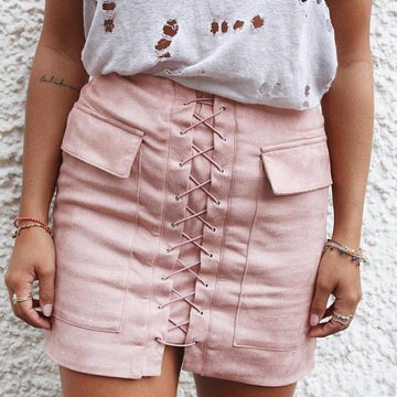 Sexy Suede Lace Up Pockets Short Bodycon Skirt
