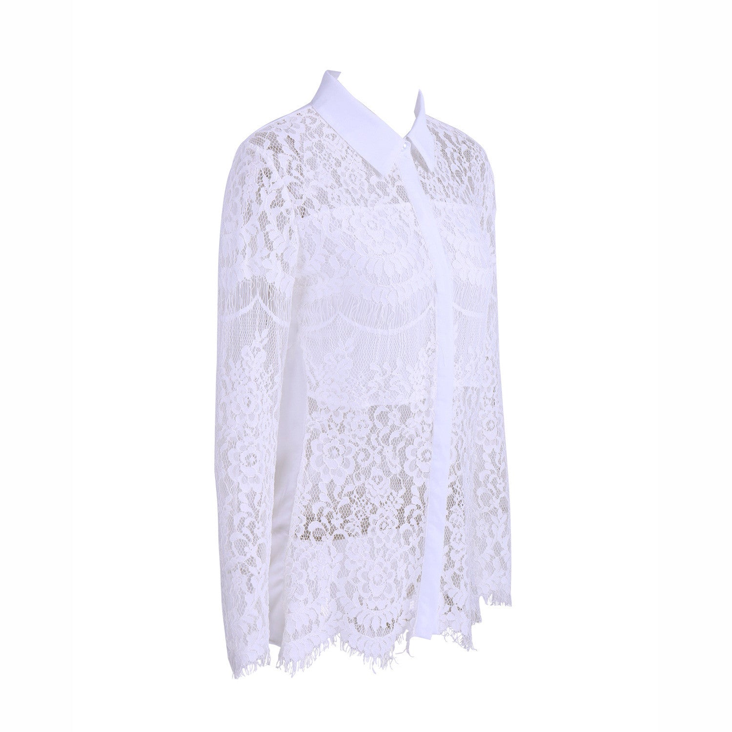 Hollow Out Lace Embroidery Flowers Splicing Fashion Shirt