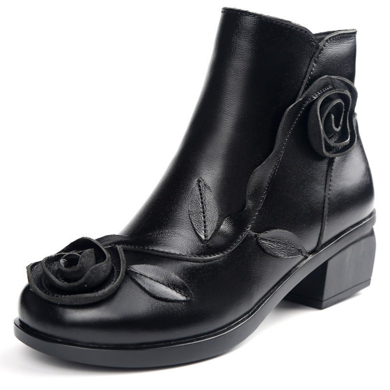 Soft Comfortable Real Leather Hand Made Low Chunky Heel Ankle Boots