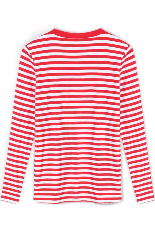 Red White Stripe Scoop Long Sleeve Loose T-shirt