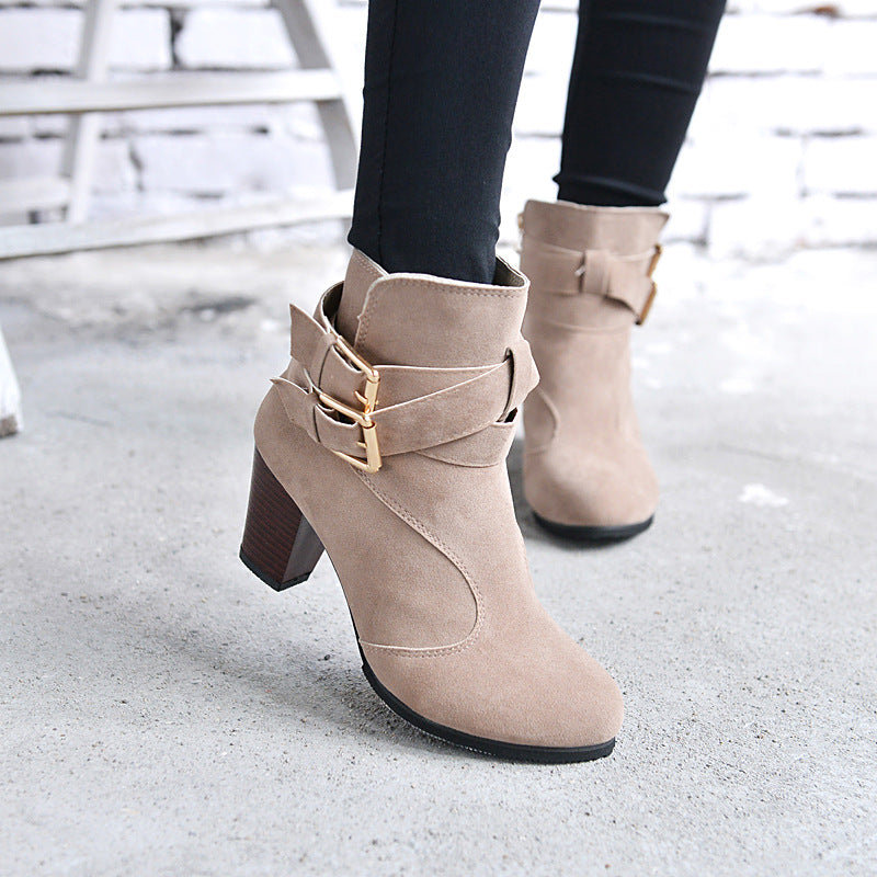 Round Toe Straps Wraps Chunky Low Heels Short Boots