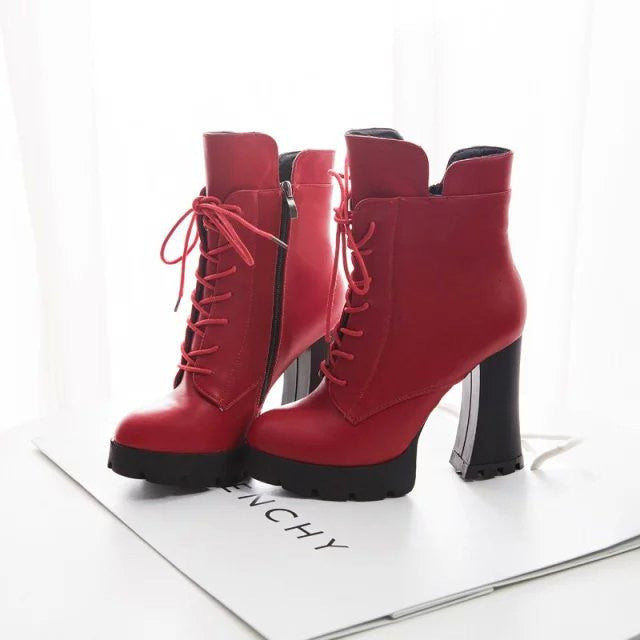 Lace Up Side Zipper Chunky Heel Short Boots