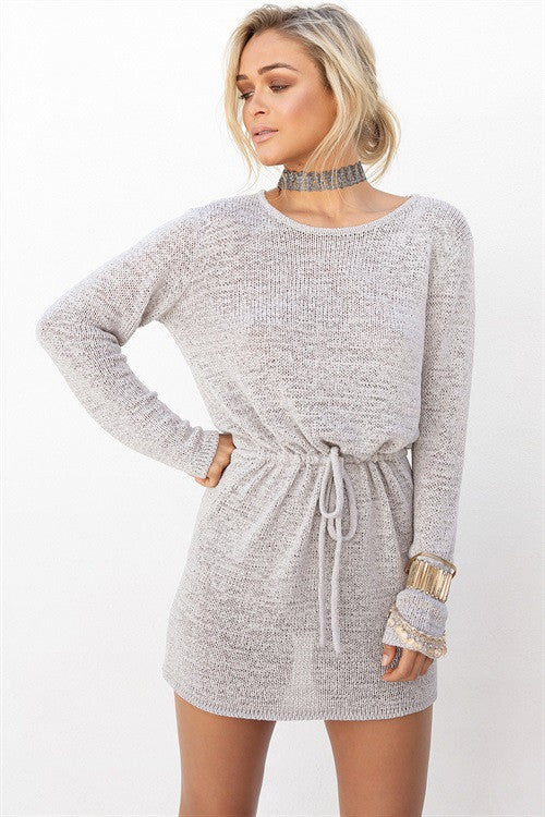 Casual Backless Drawstring Waist Knit Sweater Short Dress