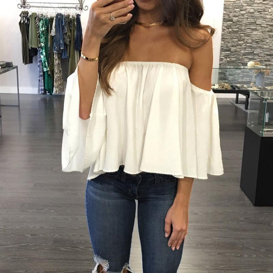 Sexy Off Shoulder Long Sleeve Chiffon Loose Blouse - Oh Yours Fashion - 1