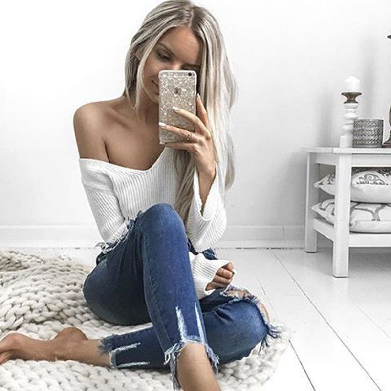 Sexy White Long Sleeve Crop Top Sweater