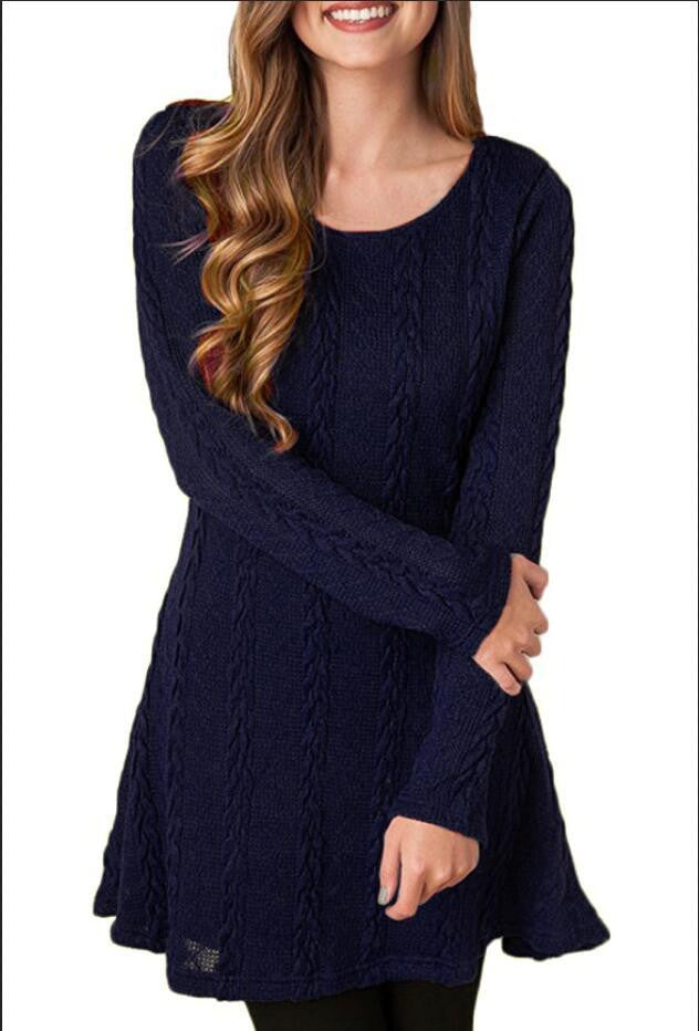 Knitting Round Neck Long Sleeve Sweater Dress