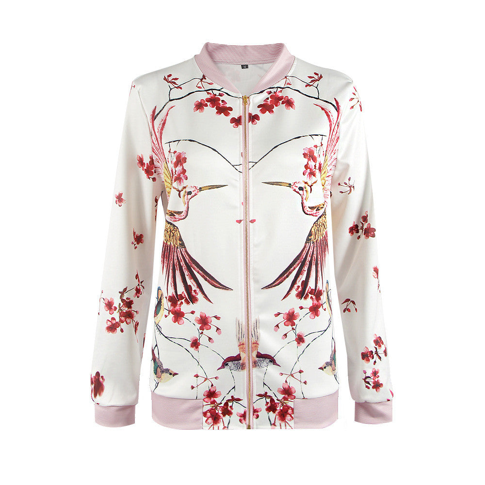 Fashion Cranes Begonia Printing White Short Jacket