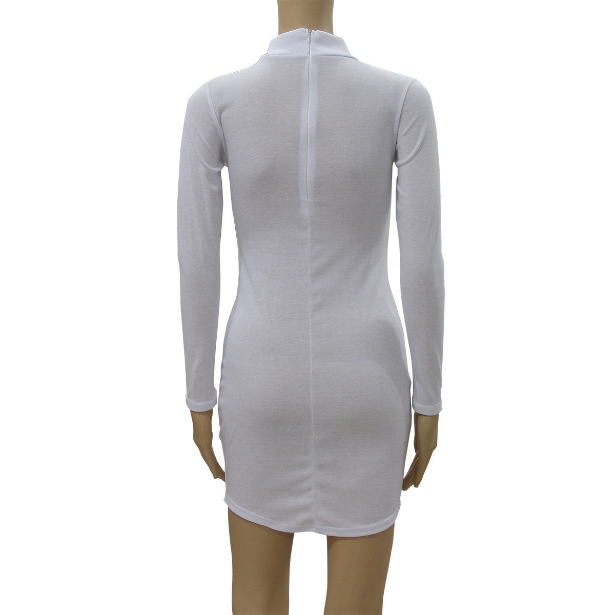 White Long-Sleeved Round Collar Bodycon Short Dress