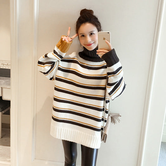 Stripes High Neck Patchwork Loose Pullover Sweater