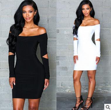 Clearance Pure Color Off Shoulder Hollow Sleeve Short Bodycon Dress