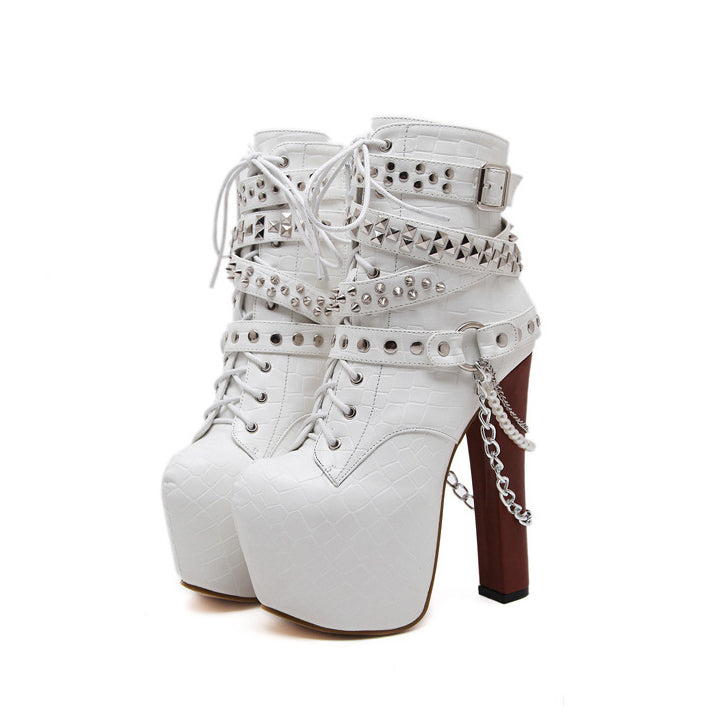 Rivets Hasp Chain Decorate Round Toe Platform High Chunky Heels Short Boots