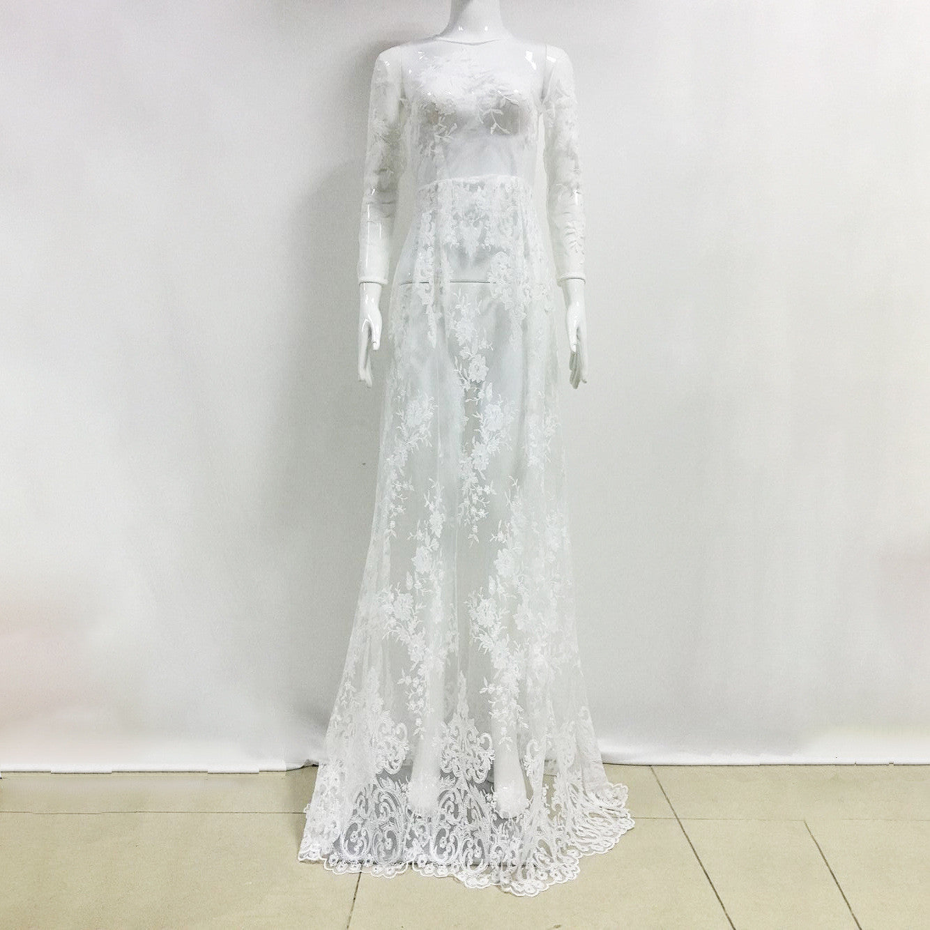 Sexy White See-Through Embroidery Long Party Wedding Dress