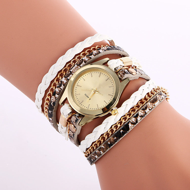 Snake Print Woven Wrap Bracelet Watch