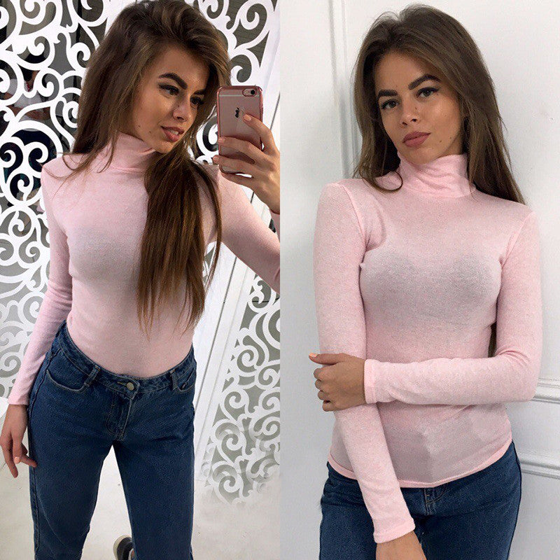 Fashion Pure Color High Neck Long Sleeve Blouse