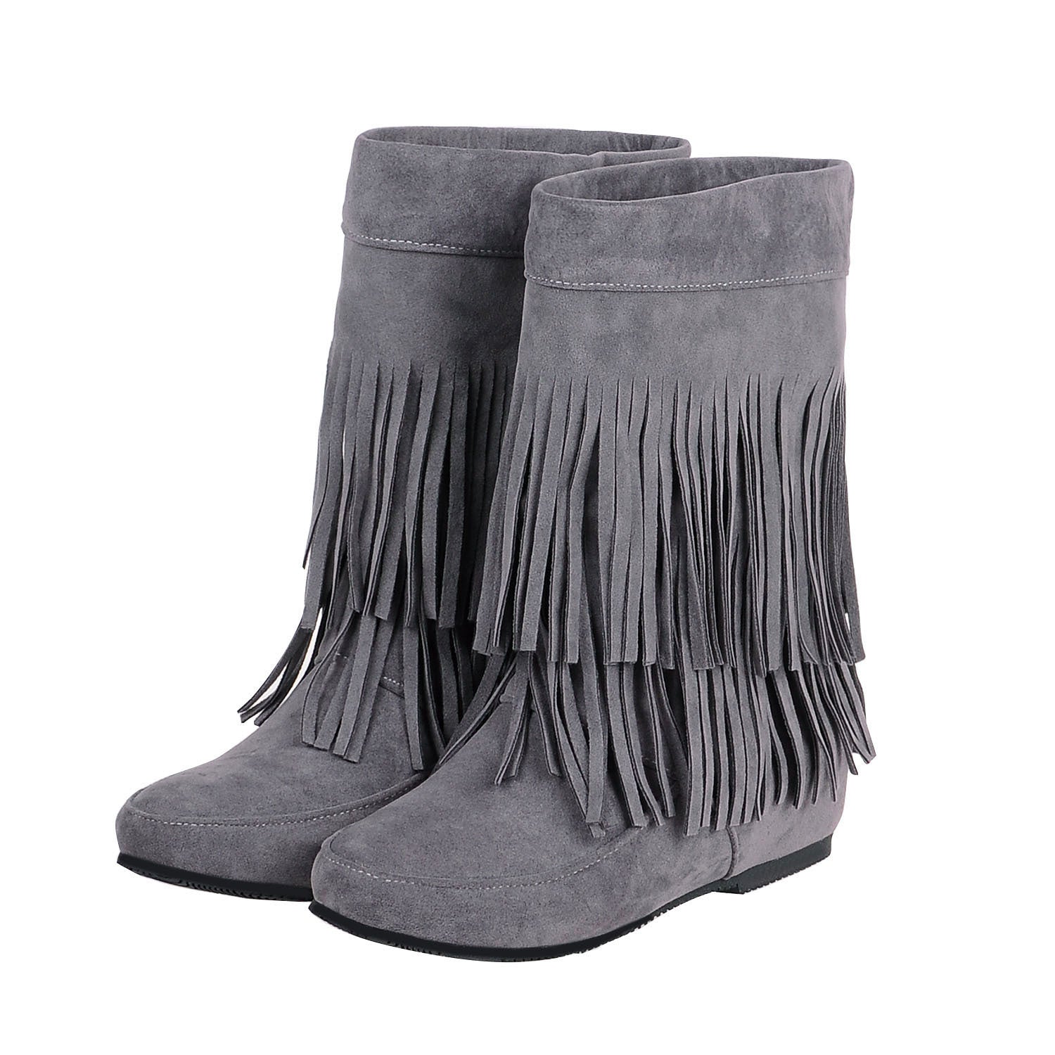 Solid Color Round Toe Tassels Inside Heels Half Boots