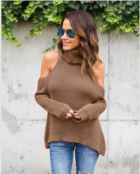 Sexy Bare Shoulder High Neck Long Sleeve Pure Color Sweater