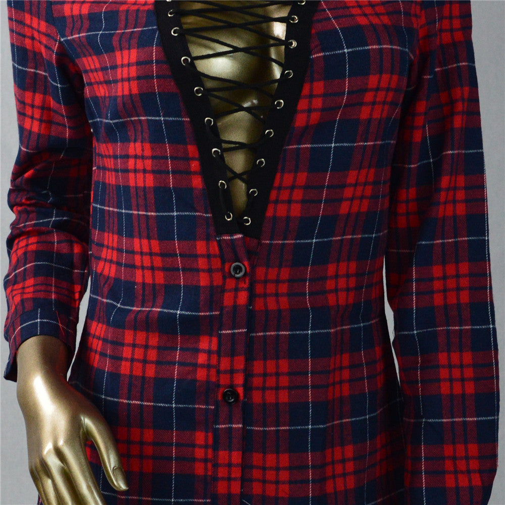Sexy Lace Up Plaid Shirt Long Sleeve Short Bodycon Dress