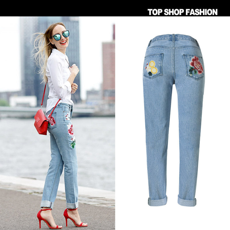 3D Embroidery Flowers Middle Waist Loose Pencil Jeans