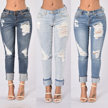 Clearance 9/10 Holes Ripped Straight Slim Beggar Edge Jeans
