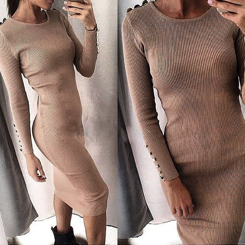 Hot Style Metal Button Pure Color Bodycon Long Dress