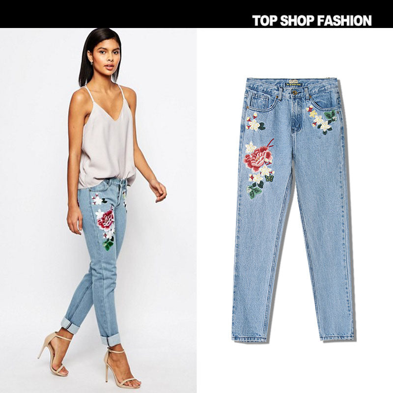 3D Embroidery Flowers Middle Waist Loose Pencil Jeans
