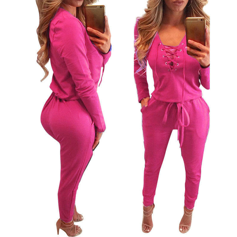 Long Sleeve Lace Up Deep V-neck Draw String Waist Long Jumpsuit